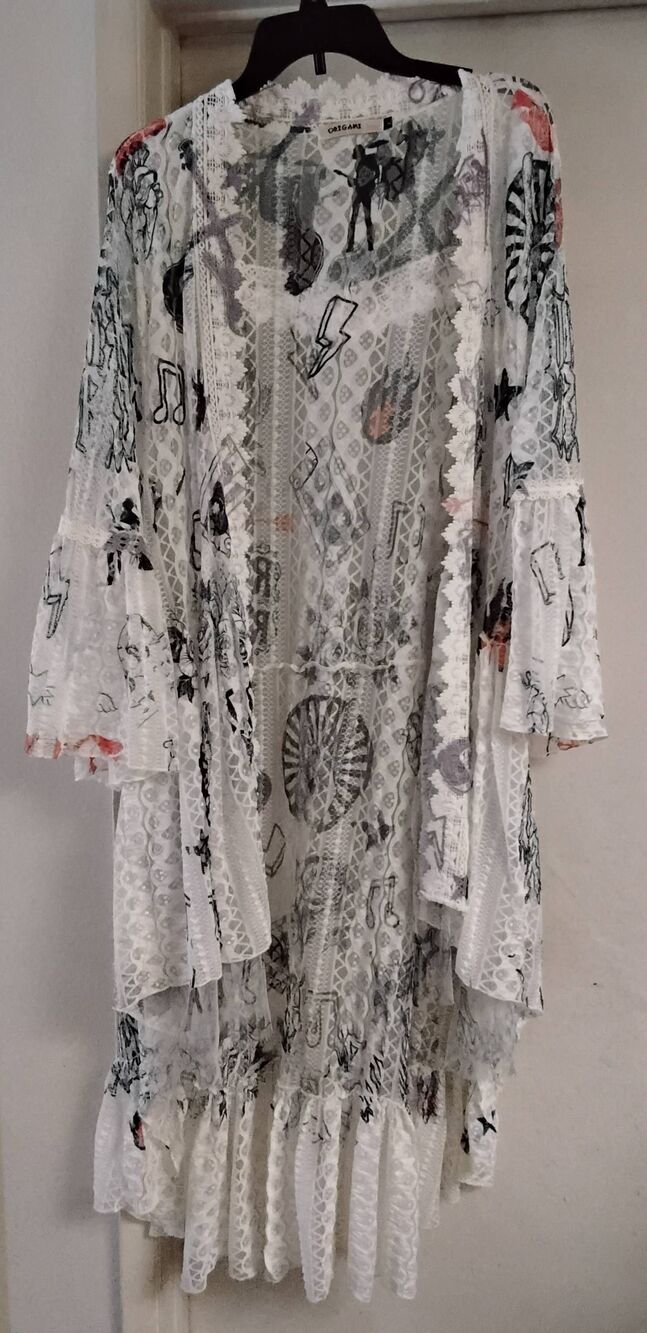 NWOT~Beautiful ORIGAMI White Lace Tulle Rock n Roll Print Cardigan Duster XL